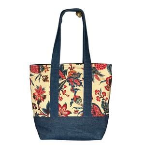 Handmade Denim & Floral Canvas Tote Bag with Pockets 13x14x6